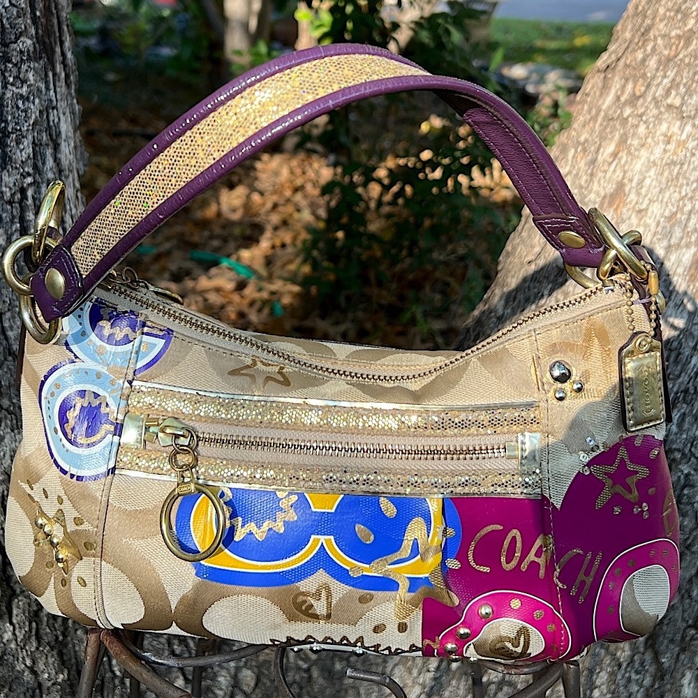 Coach Poppy Canvas Signature C Monogram Shoulder Hobo Khaki Gold Sateen Purple